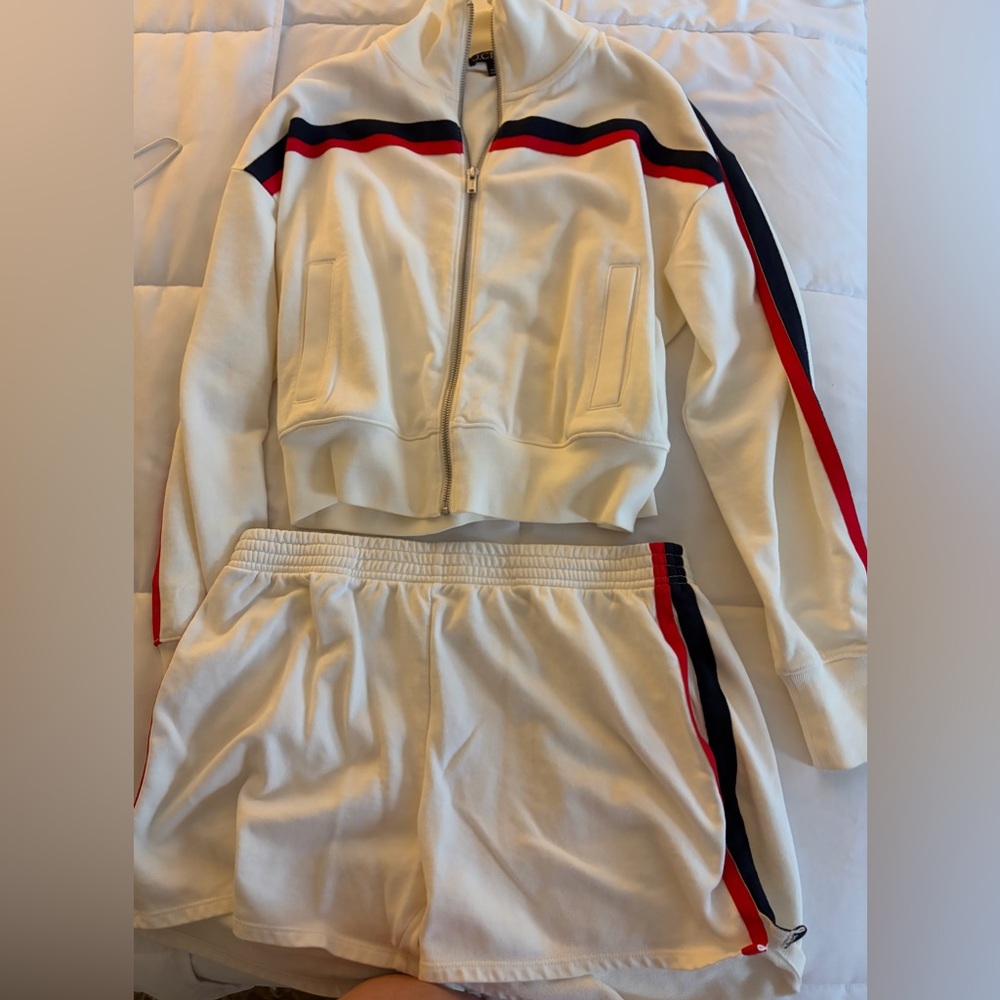 J. Crew White Track Jacket and Shorts Set with Red and Navy Stripes